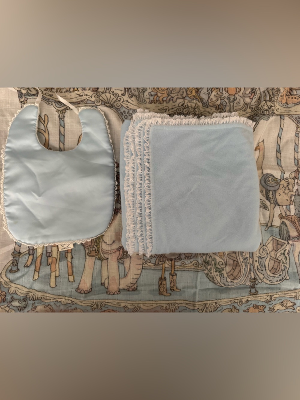 Light Blue Baby Bib and swaddle Set - Lace Trim